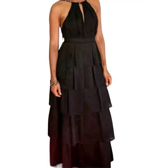 BCBGMAXAZRIA Black Lace Tiered Ruffle Low Back Keyhole Front Maxi Dress 4 - Picture 1 of 16